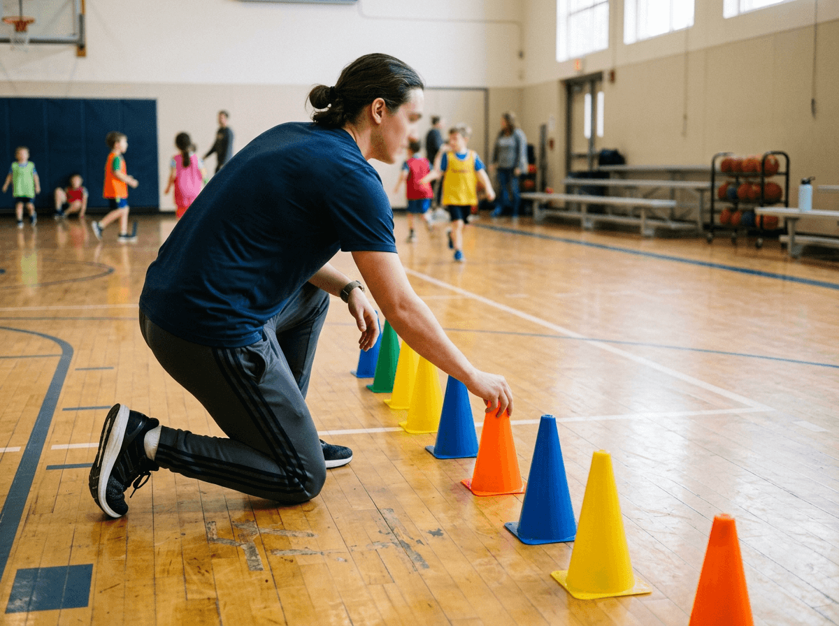 Lil Stars Sports coach setting up a class